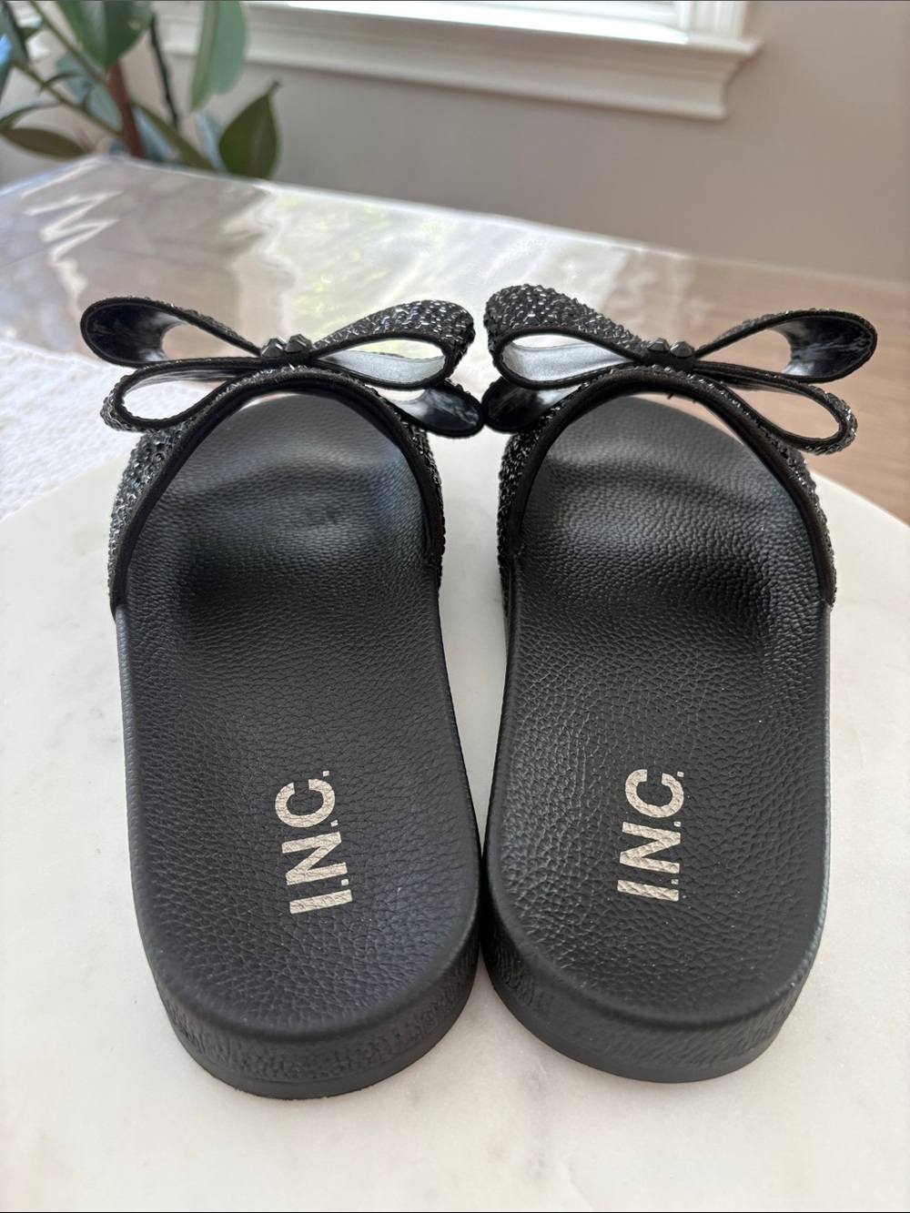 INC International Concepts Black Embellished Bow Slide Sandals - Picture 3 of 11